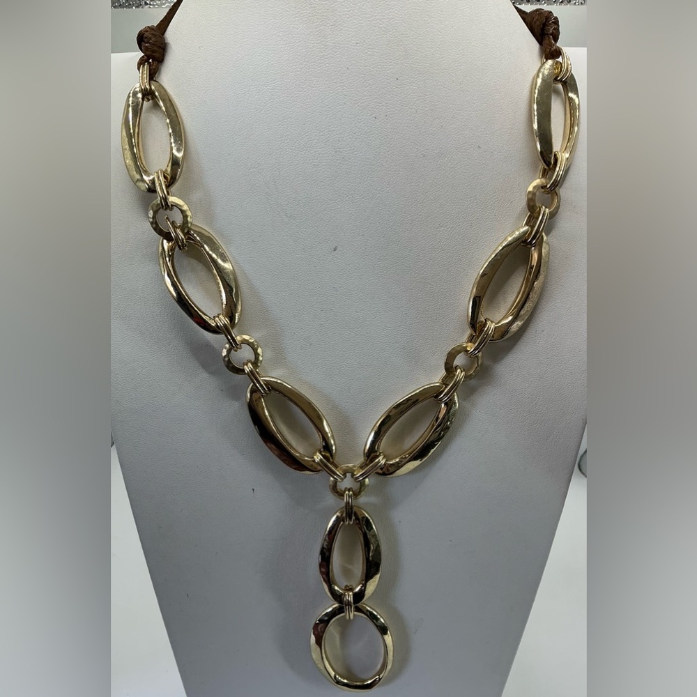 CHICOS LARGE GOLDTONE LINK LARIAT NECKLACE WITH BROWN CORD